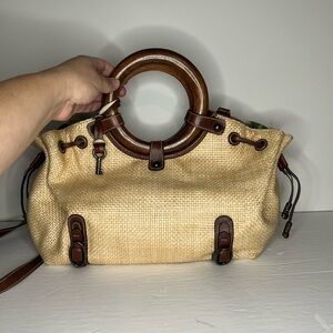 Vintage Fossil Wood Handle Woven Purse Crossbody Bucket Bag Key Read Description